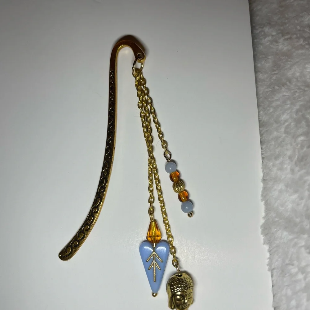 Gold Bookmark with Blue Heart, Buddha and Bead Charms